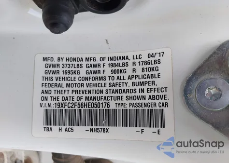 2017 Honda Civic Lx from USA, damaged, VIN 19XFC2F56HE050176